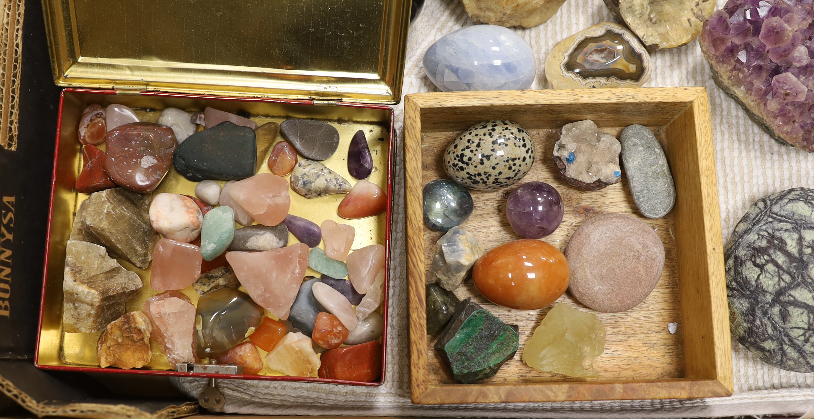 A collection of minerals, gemstones and fossils including quartz samples, ammonites, etc.